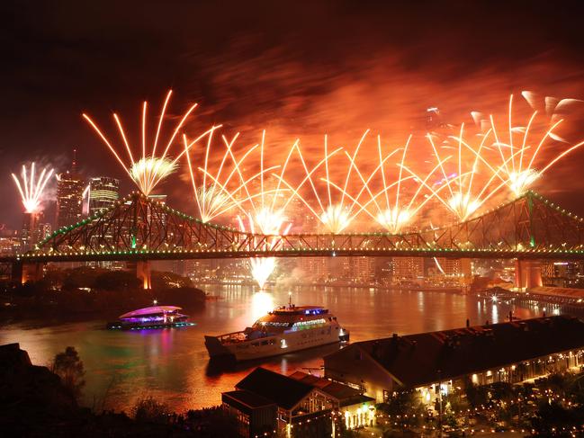 Fireworks over the Story Bridge during Brisbane Riverfire, New Farm. Picture: Liam Kidston