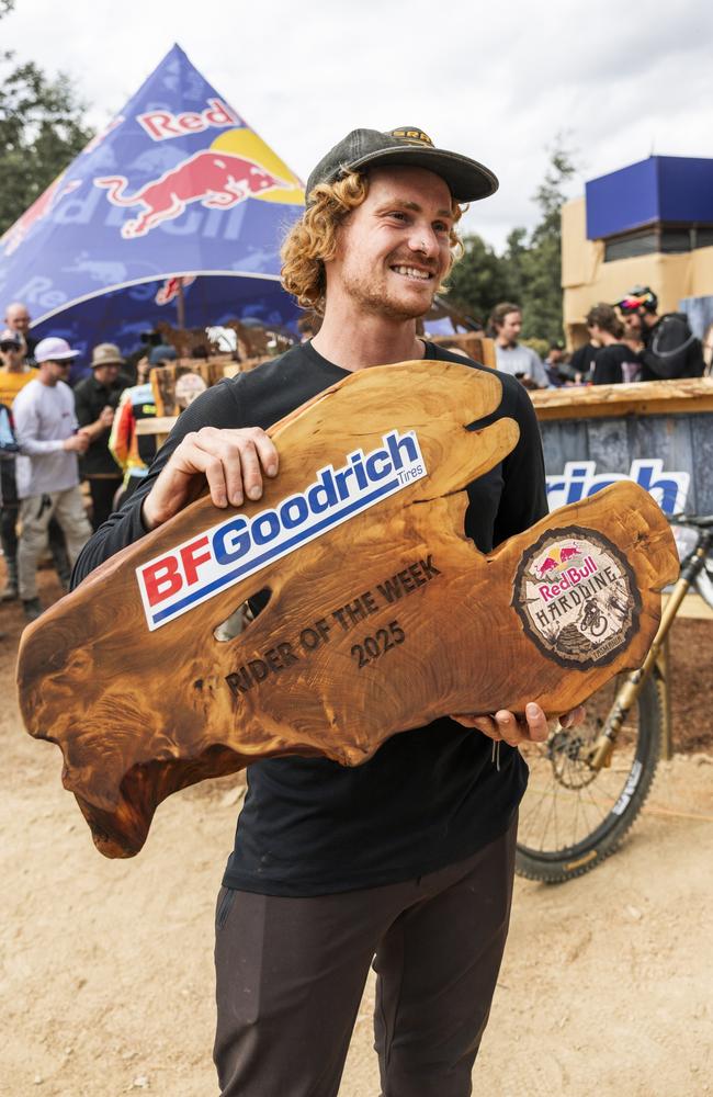 Dan Booker celebrates at Red Bull Hardline in Maydena Bike Park, Australia on February 08, 2025. Picture: Nick Waygood / Red Bull Content Pool