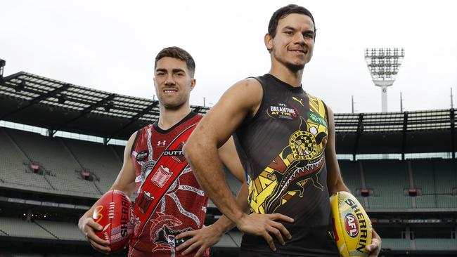 Richmond’s Daniel Rioli and Jade Gresham of the Bombers at the MCG ahead of Saturday nights “Dreamtime at the G”. Pic: Michael Klein