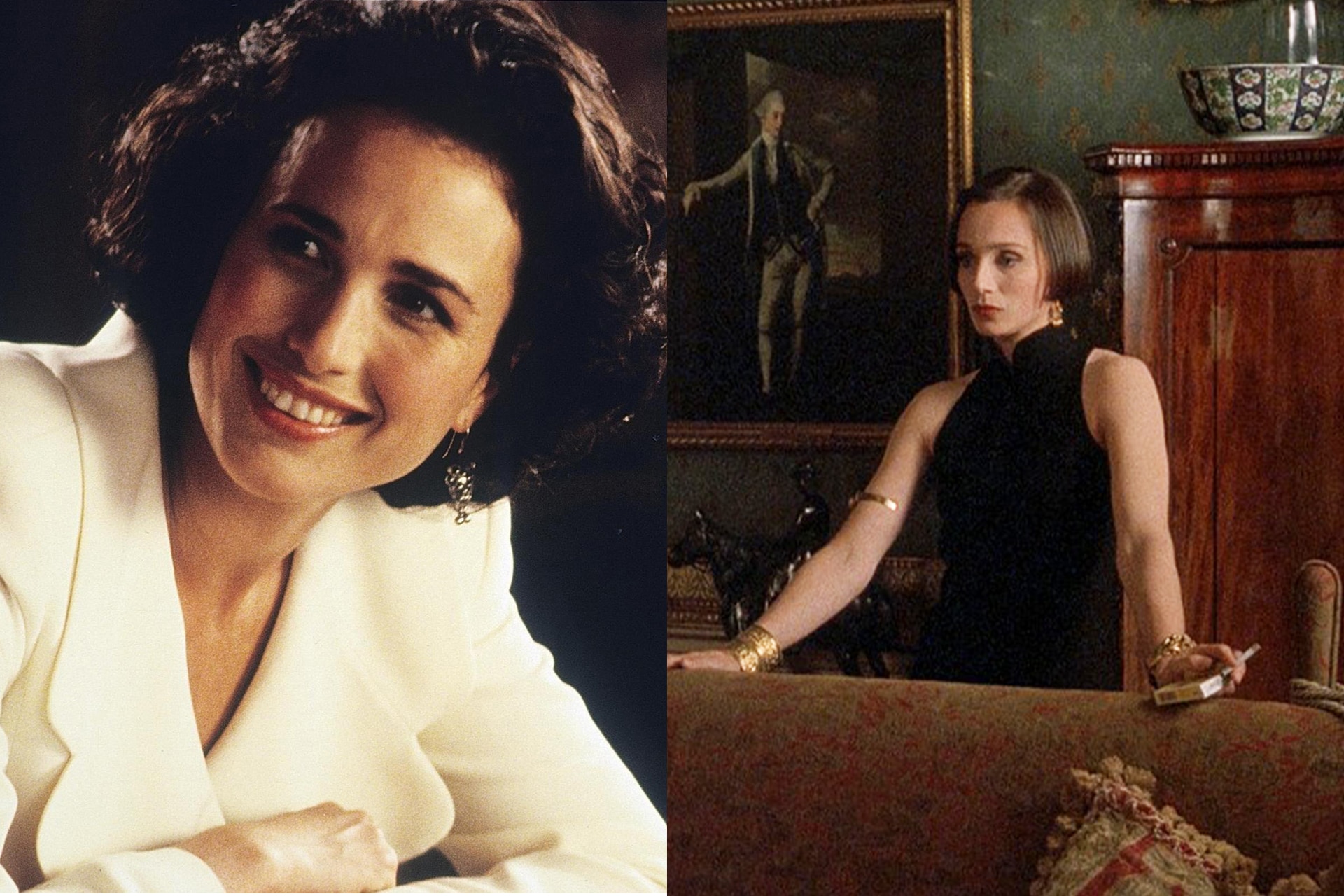 <p><em>Image credits: Universal Pictures</em></p><h3><em>Four Weddings and a Funeral&nbsp;</em>(1994)</h3><p>Andie MacDowell and Kristin Scott Thomas in the same rom-com is immediately a recipe for stylish success. In&nbsp;<em>Four Weddings and a Funeral</em>, late &rsquo;90s formal fashion is on full display as MacDowell as Carrie and Thomas as Fiona showcase a number of outfits appropriate for, you guessed it, four weddings and a funeral&mdash;and even on the macabre occasion, their style prevails. From MacDowell&rsquo;s casually chic blazers and hats, to Thomas&rsquo; infamously sleek black dress, we&rsquo;re spoilt for elevated wardrobe inspiration.</p>