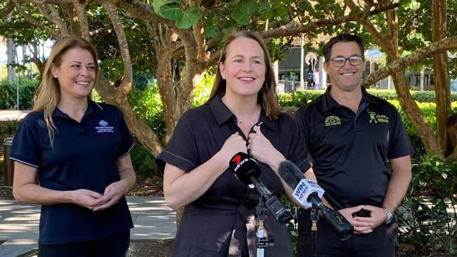 Queensland senator Nita Green announces the results of the government's $15.1m Tourism Reef Protection Initiative, flanked by the Great Barrier Reef marine Park Authority's Fiona Merida and Gareth Phillips, CEO of the Association of Marine Park Tourism Operators. Picture: Isaac McCarthy