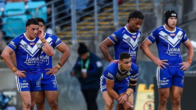 Bulldogs players shattered during the big loss to Newcastle. Picture: NRL Photos