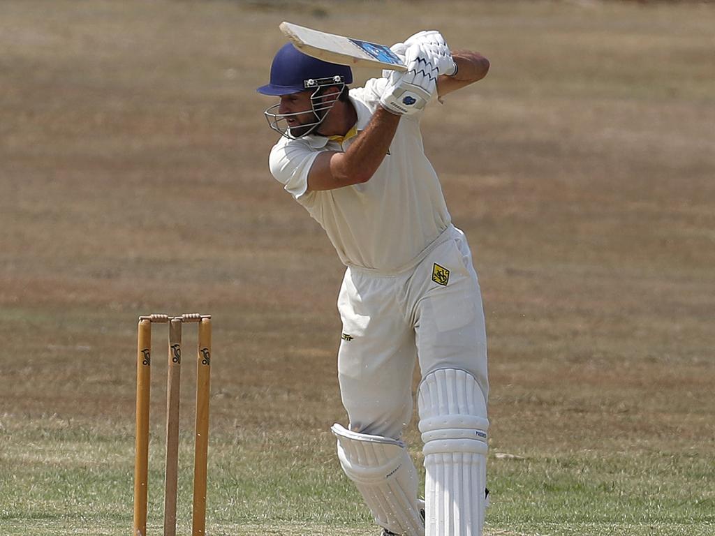 Steve McGiffin of Western Suburbs Cricket team playing a shot against Wynnum Manly Sea Eagles at Graceville Memorial Park cricket ground, Graceville, Saturday, November 16, 2019.