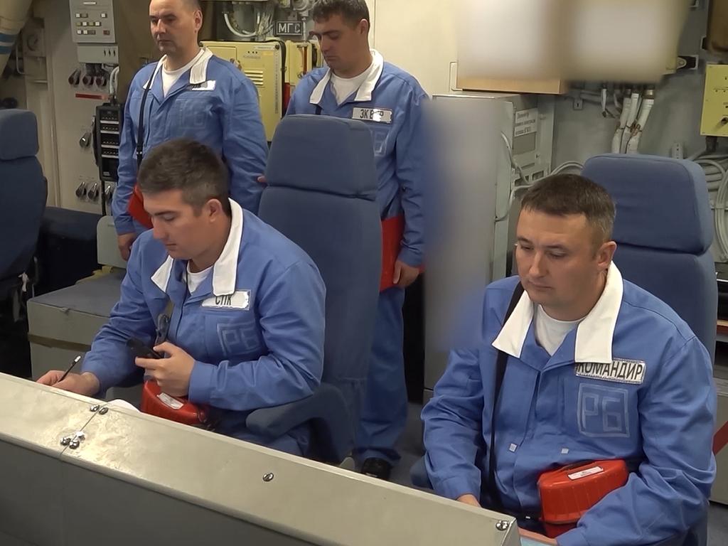 Crew of a Russian nuclear submarine prepare for a practice missile launch as part of drills of Russia's strategic nuclear forces. Picture: Russian Defense Ministry Press Service via AP