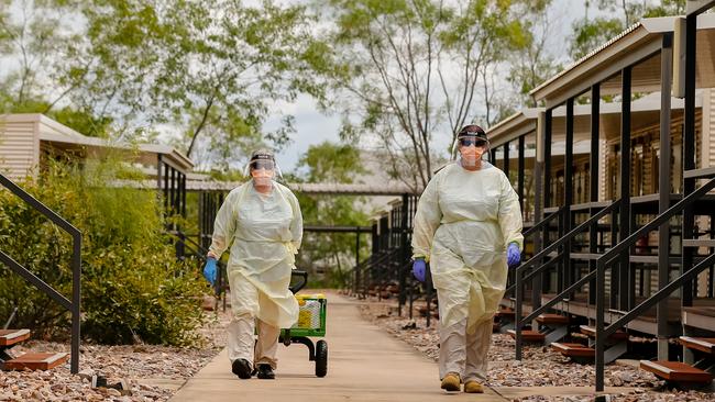 Staff at the Howard Springs coronavirus quarantine centre on Darwin's outskirts. Picture: Glenn Campbell via NCA NewsWire