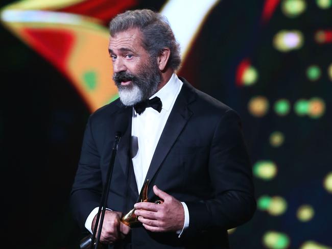 Mel Gibson wins the AACTA Award for Best Direction for Hacksaw Ridge during the 6th AACTA Awards. Picture: Mark Metcalfe/Getty