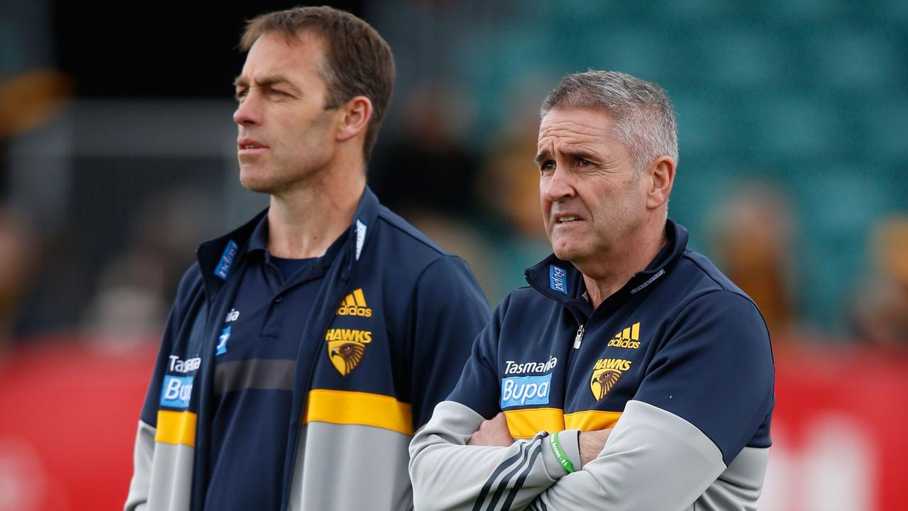 LAUNCESTON, AUSTRALIA - AUGUST 29: Alastair Clarkson, Senior Coach of the Hawks looks on with Chris Fagan, General Manager Football Operations during the 2015 AFL round 22 match between the Hawthorn Hawks and the Brisbane Lions at Aurora Stadium, Launceston, Australia on August 29, 2015. (Photo by Adam Trafford/AFL Media/Getty Images)