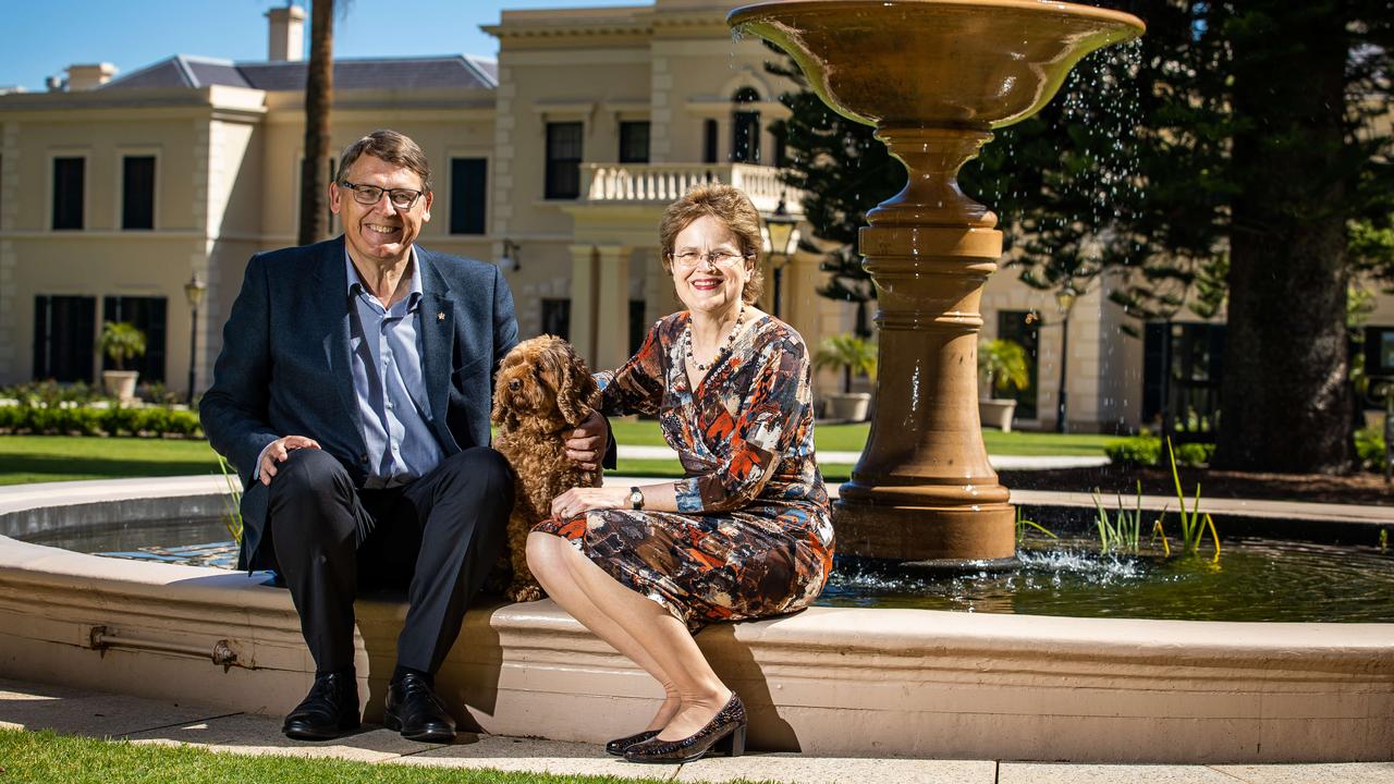 South Australian Governor Frances Adamson, with husband Rod Bunten and dog Alfie. Picture: Tom Huntley