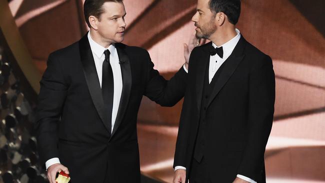 Matt Damon interrupts Jimmy Kimmel onstage during the 68th Annual Primetime Emmy Awards.