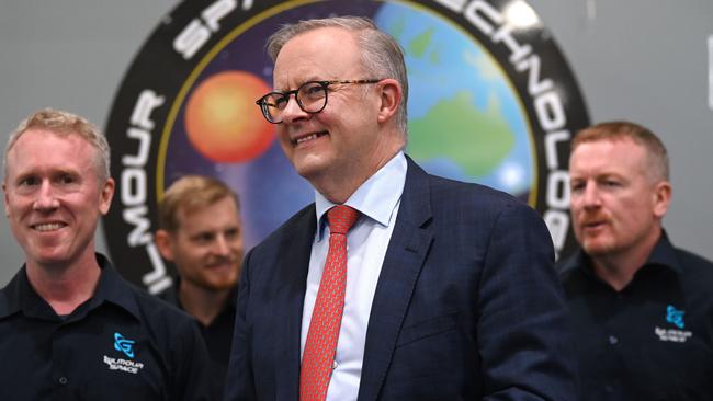 Australian Prime Minister Anthony Albanese visits Gilmour Space Technologies on the Gold Coast. The company designs and manufactures space rockets. Picture: Dan Peled / NCA NewsWire