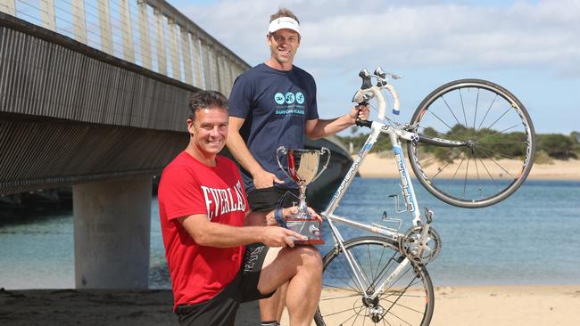 The Barwon Heads triathlon will this year include a new family team category in honour of Lachlan Ricchini who died in 2024. Pictured here are his father Brett Ricchini and event organiser Lincoln Beckworth. Picture: Alan Barber.