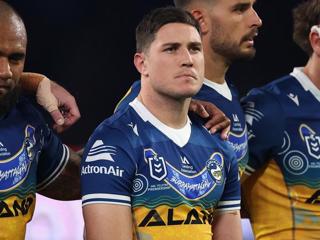 SYDNEY, AUSTRALIA - MAY 19: Mitchell Moses of the Eels and team mates line up during the round 12 NRL match between South Sydney Rabbitohs and Parramatta Eels at Allianz Stadium on May 19, 2023 in Sydney, Australia. (Photo by Cameron Spencer/Getty Images)