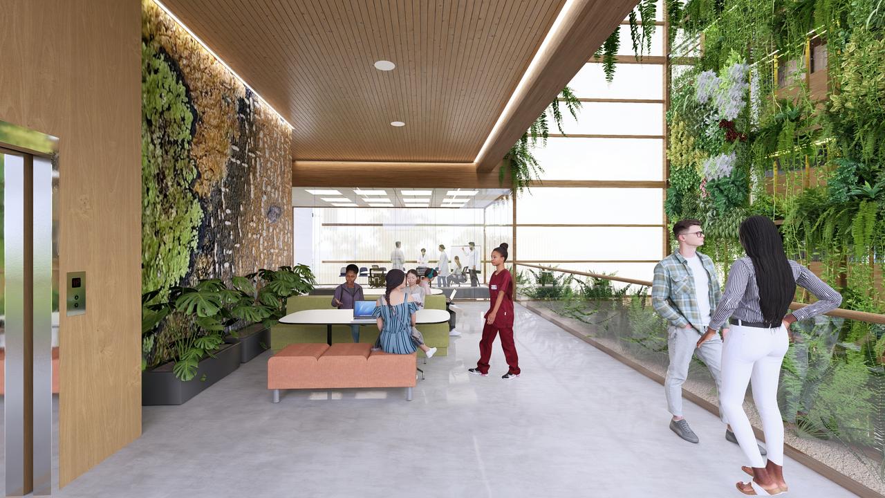 A rendered image of Integrated Medical Services' new Cairns private hospital, to built on land owned by JCU at the Far North Health Innovation Precinct accompanying the Cairns Tropical Enterprise Centre. Visualisation by: Peddle Thorp Architects.