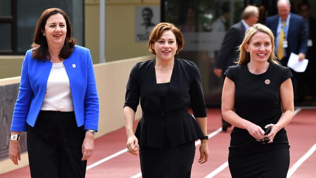 Premier Annastacia Palaszczuk with then deputy premier Jackie Trad and minister for education Kate Jones. Picture: AAP Image/Darren England