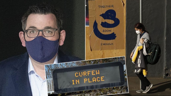 Victorian Premier Daniel Andrews, left; a woman wearing a mask passes a boarded-up hotel on a Melbourne street, right, and a curfew warning sign above Melbourne's famous Hoddle Street.