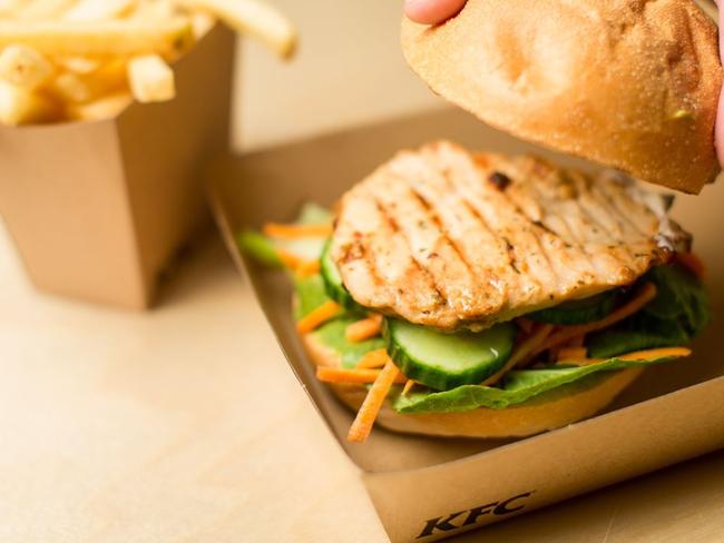 Bigger burgers in a cardboard tray — very trendy. But the KFC part is still there.