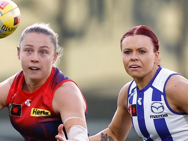 MELBOURNE, AUSTRALIA - OCTOBER 21: Tyla Hanks of the Demons in action during the 2023 AFLW Round 08 match between Narrm (The Melbourne Demons) and The North Melbourne Tasmanian Kangaroos at IKON Park on October 21, 2023 in Melbourne, Australia. (Photo by Michael Willson/AFL Photos via Getty Images)