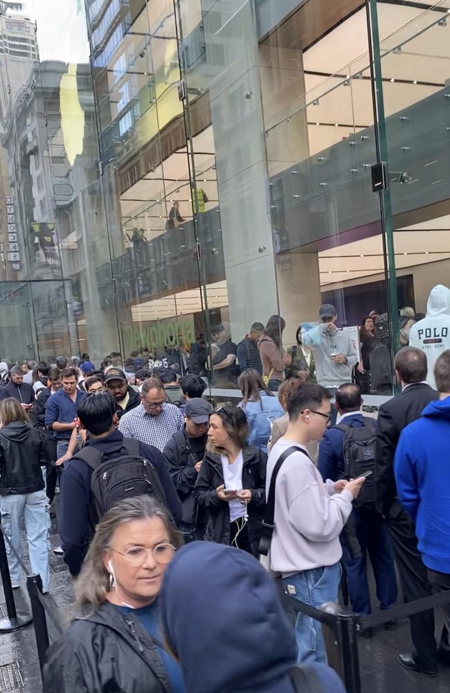 Massive lines outside the Apple Store on George Street, Sydney for the iPhone 15 launch. Picture: Jack Evans