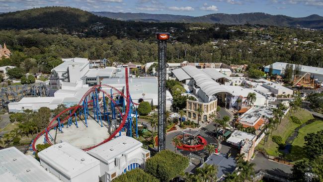 Warner Bros. Movie World on the Gold Coast, as seen from the DC Rivals Hypercoaster. Picture: Jerad Williams