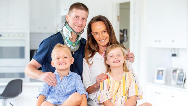 Champion jockey Brad Rawiller at home with his wife Carolyn and children Cleo, 7, and Lucas, 4. Picture: Mark Stewart