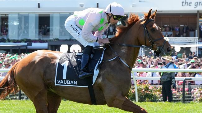 Vauban (FR) ridden by William Buick on the way to the barriers prior to the running of  the Lexus Melbourne Cup at Flemington Racecourse on November 05, 2024 in Flemington, Australia. (Photo by George Sal/Racing Photos via Getty Images)