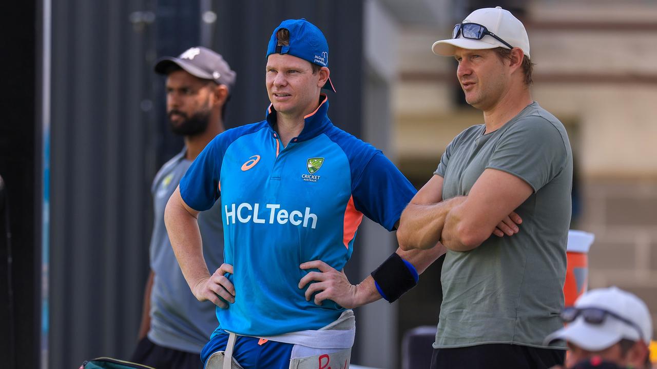 Steve Smith watches on at the SCG nets along with former Test teammate Shane Watson. Picture: Getty