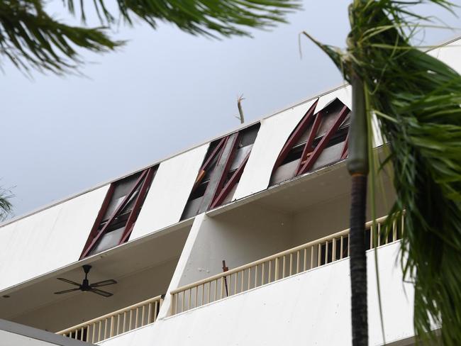 Storm damage to a hotel is seen at Airlie Beach, Tuesday, March 28, 2017. Cyclone Debbie is expected hit Queensland’s far north coast as a category 4 cyclone early afternoon on today. Picture: AAP Image/Dan Peled