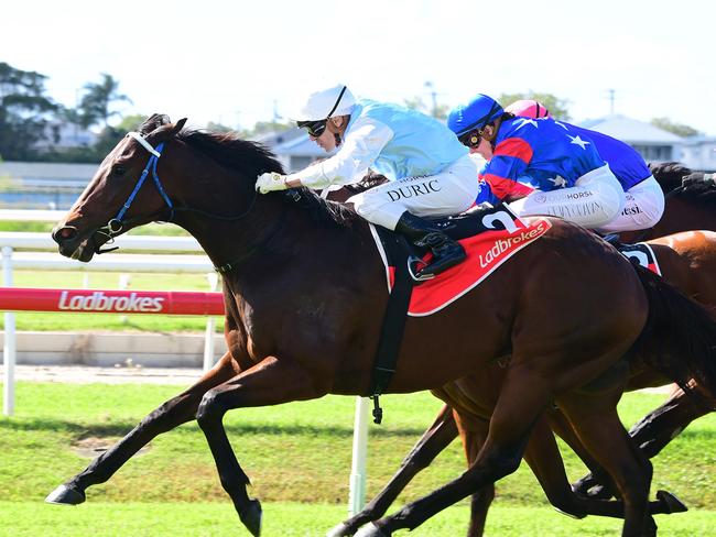 Caulfield Cup winning jockey Vlad Duric, with one of his winners on the Doomben card, Mishani Sniper. Picture: Grant Peters, Trackside Photography,