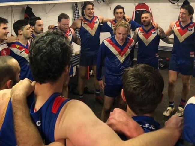 Onkaparinga Valley celebrates beating Echunga in round six of the Hills Footy League. Picture: Supplied, Onkaparinga Valley Football Club Facebook page