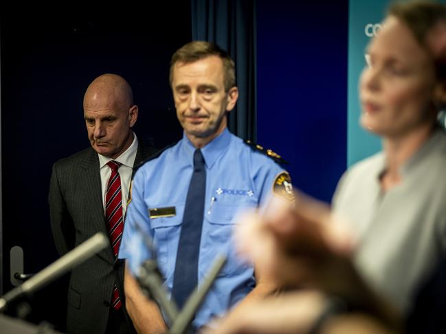 Premier Peter Gutwein, Police Commissioner Darren Hine and Health Minister Sarah Courtney at the daily COVID-19 update in March. Picture: LUKE BOWDEN