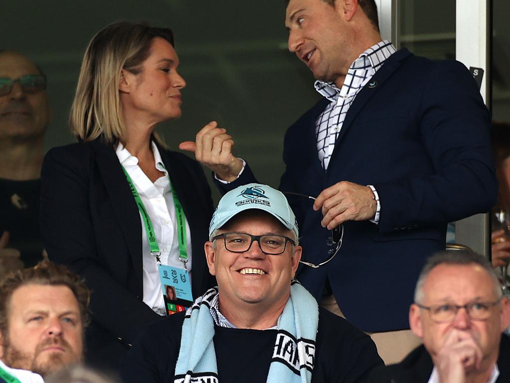 Scott Morrison attending a Sharks rugby league match, one of his passions outside of politics. Picture. Phil Hillyard