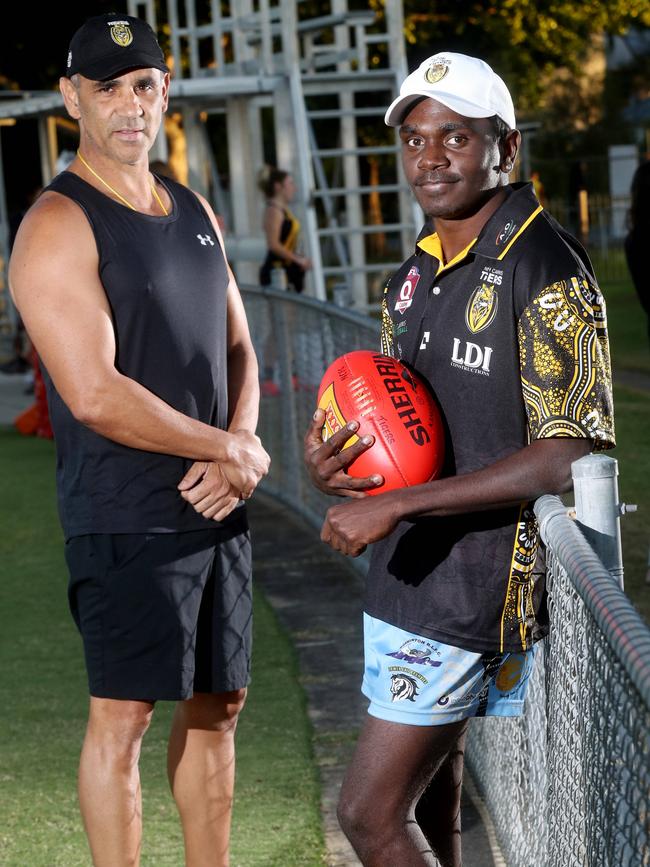 <s1>FORWARD THINKING: North Cairns has picked up former Gold Coast Suns NEAFL attacker Fitzroy Greenwool (right) for the 2020 season, delighting Tigers coach Ronnie Burns. </s1> <ld pattern=" "/> <source>Picture: Stewart McLean.</source>