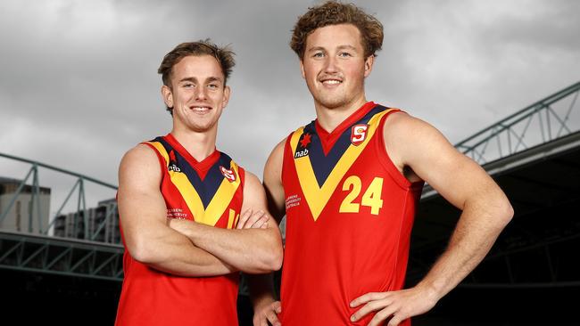 Jackson Mead and Will Gould ahead of SA’s final game of the under-18 national championships on Wednesday. Picture: Dylan Burns (AFL Photos).