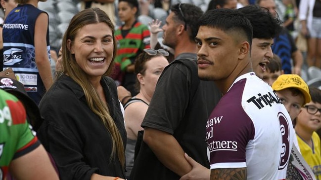 Sydney Roosters' NRLW star Jessica Sergis and Manly's Tommy Talau after the Sea Eagles' trial against Souths. NRL Imagery