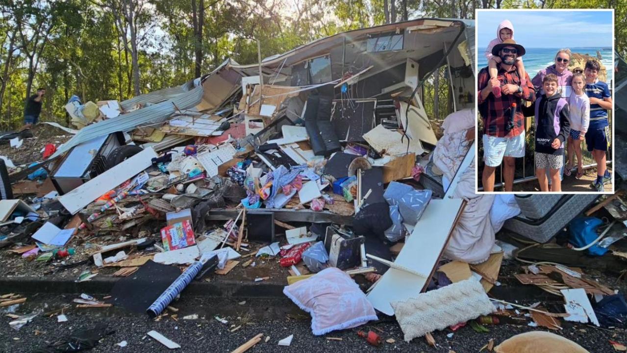 The Ryan Family (inset) lost most of their possessions after their caravan was destroyed in a horror crash on the Bruce Highway between Rockhampton and Mackay.