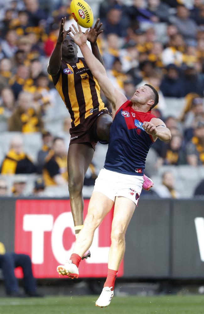 The incident with Hawthorn’s Mabior Chol that left Steven May with broken ribs and a cracked vertebrae. Picture: Darrian Traynor/Getty Images