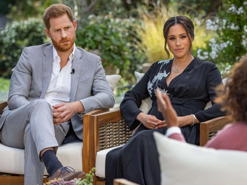 Harry and Meghan during their explosive tell-all with Oprah Winfrey, in March. Picture: Getty Images