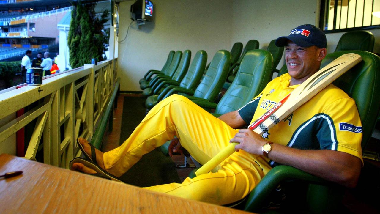 Symonds relaxes in the players area after a breakthrough knock of 143 not out against Pakistan in the 2003 World Cup.