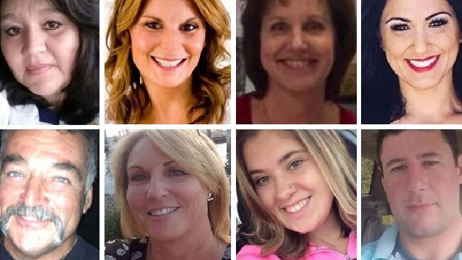 Las Vegas shooting victims. Pictured from top left: Lisa Romero, Rhonda LeRocque, Susan Smith, Jenny Parks, (bottom,left) John Phippen, Dana Gardner, Bailey Schweitzer, Adrian Murfitt. Picture: Supplied