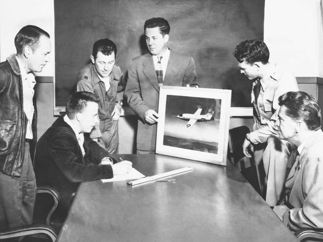 The NACA Muroc Flight Test Unit XS-1 team members in 1947 (from left): head of operations Joseph Vensel, head of instrumentation Gerald Truszynski, USAF pilot Capt. Charles "Chuck" Yeager, head of the unit Walter Williams, USAF pilot Maj Jack Ridley, and head of engineers De E. Beeler, Head of Engineers.