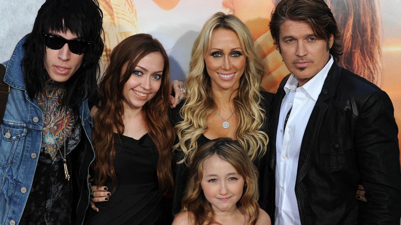 Trace Cyrus, Brandi Cyrus, Noah Cyrus, Tish Cyrus and Billy Ray Cyrus during happier times at the premiere for Miley’s movie The Last Song. Picture: AFP.