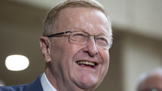 BRISBANE, AUSTRALIA - FEBRUARY 25: President of the Australian Olympic Committee John Coates speaks to the media during a press conference after the IOC announced targeted dialogue ahead of the 2032 Brisbane Olympic Games bid, at Queensland Parliament House on February 25, 2021 in Brisbane, Australia. (Photo by Jono Searle/Getty Images)