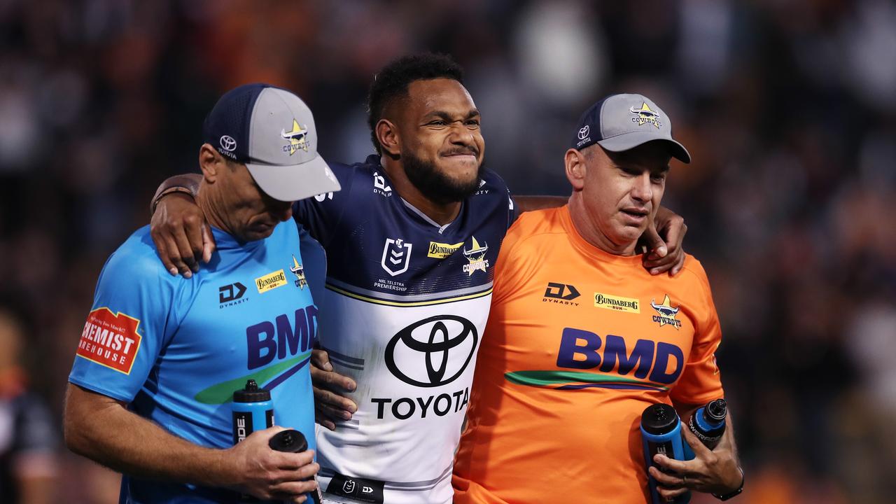 Hamiso Tabuai-Fidow produced one of the tries of the season before leaving the field with a possiblly serious knee injury. Picture: Getty Images.