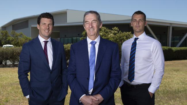 Brisbane Airport’s John Tormey (centre) with Cushman &amp; Wakefield wingmen Michael Callow and Bevan Galloway. Picture: AAP/Sarah Marshall