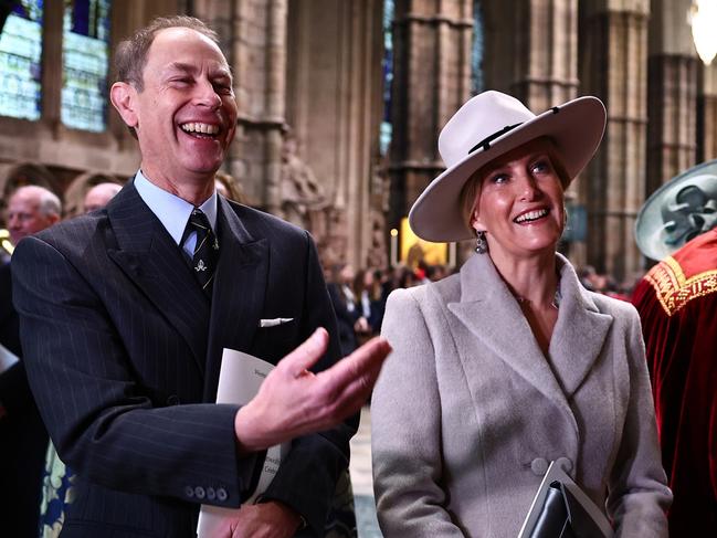 LONDON, ENGLAND - MARCH 11: Prince Edward, Duke of Edinburgh and Sophie, Duchess of Edinburgh speak with New Zealand singer Benson Wilson (R) as they attend an annual Commonwealth Day Service at Westminster Abbey on March 11, 2024 in London, England. (Photo by Henry Nicholls - WPA Pool/Getty Images)