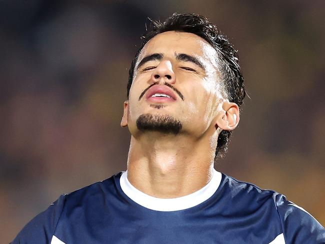 GOSFORD, AUSTRALIA - MAY 25: Daniel Arzani of the Victory reacts after a missed chance during the A-League Men Grand Final match between Central Coast Mariners and Melbourne Victory at Industree Group Stadium on May 25, 2024, in Gosford, Australia. (Photo by Robert Cianflone/Getty Images)