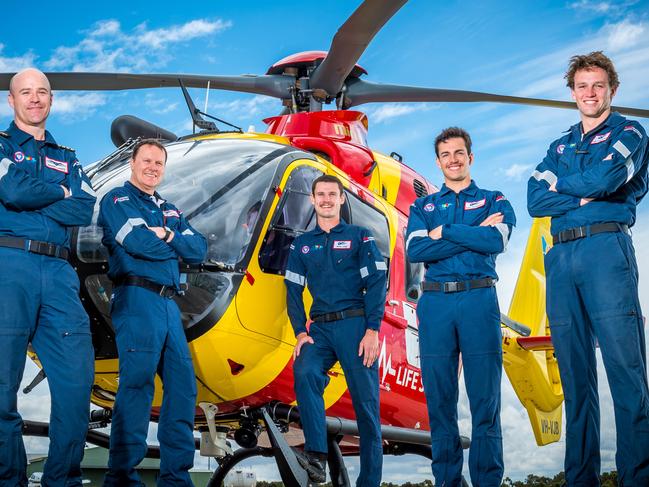 Westpac Lifesaver Rescue Helicopter Service. Crew members perform training exercises near Torquay. Crew members Adam Lantz, Wayne Cartwright, Rhys Cole, Alex Schwarcz and Liam O'Callaghan. Picture: Jake Nowakowski