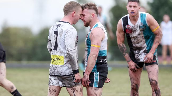 EDFL: Hillside v Roxburgh Park at Hillside Reserve, Melbourne, May 6 2023. Harley Short of Roxburgh Park and Lucas Failli of Roxburgh Park.Picture : George Sal