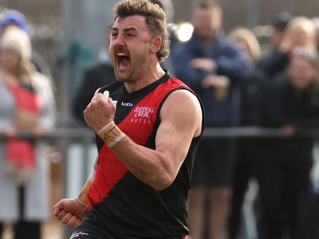 RDFL grand final: Riddell v Diggers Rest: Dylan Tarczon of Riddell (R) celebrates a goal on Sunday September 11th, 2022, in Romsey, Victoria, Australia.Photo: Hamish Blair