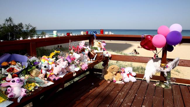 A memorial was set up in the days after the baby’s body washed up. Pics Adam Head